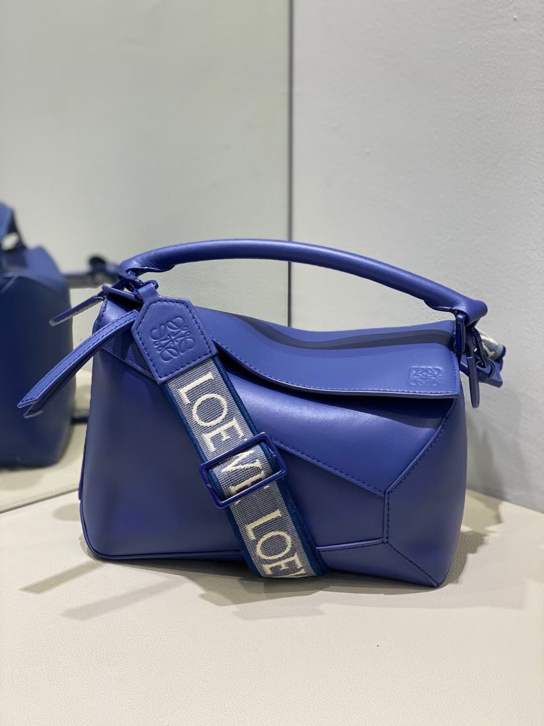 Loewe Small Puzzle Bag in Satin Calfskin Navy Blue